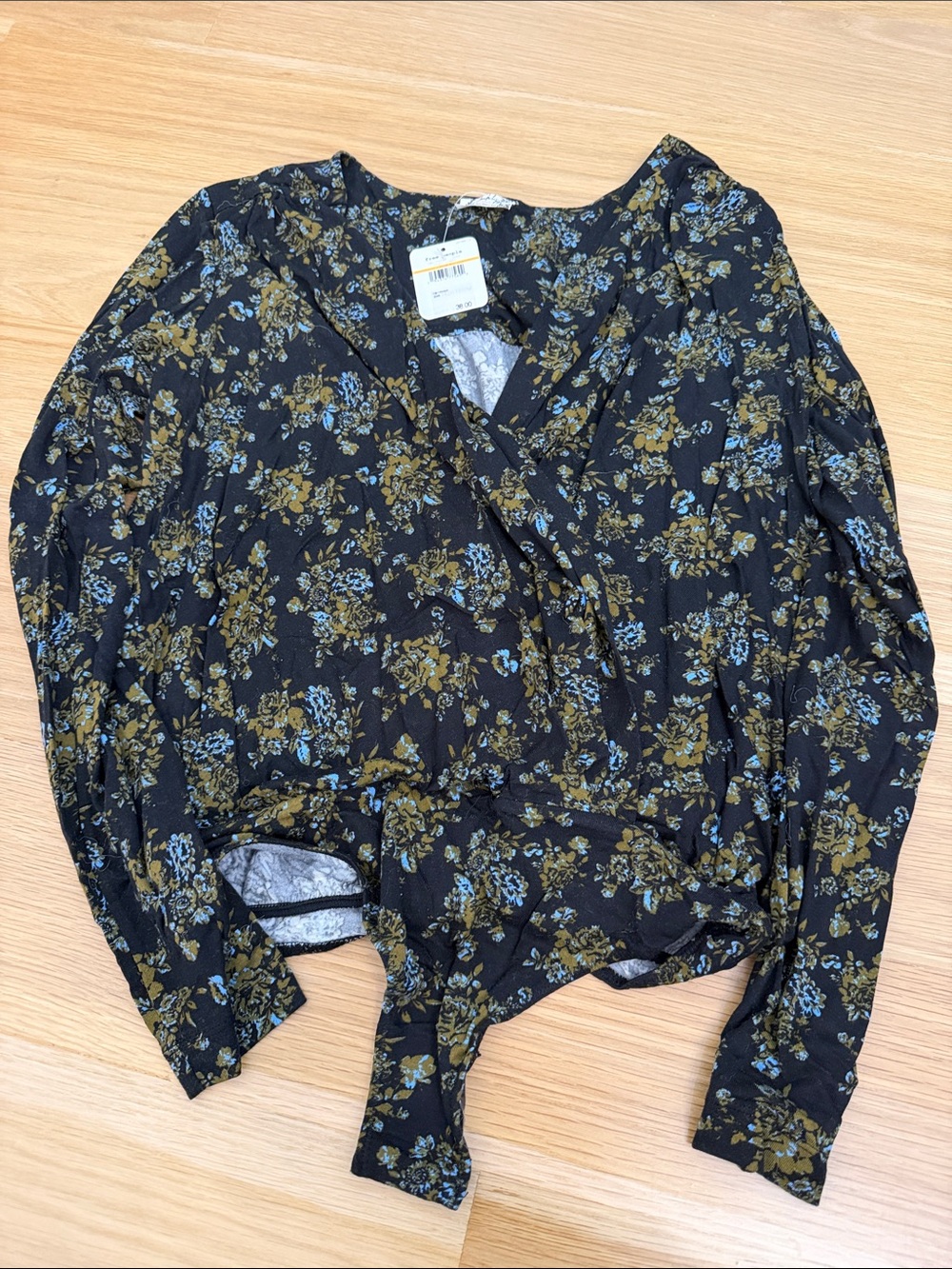 Free People Black Floral Wrap Bodysuit with Olive & Blue Flowers